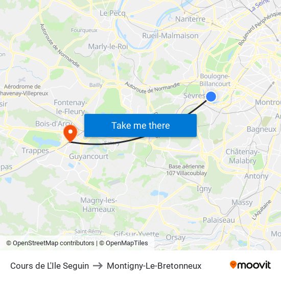 Cours de L'Ile Seguin to Montigny-Le-Bretonneux map