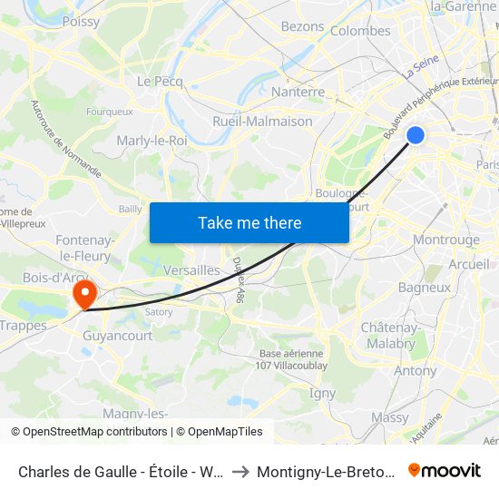 Charles de Gaulle - Étoile - Wagram to Montigny-Le-Bretonneux map