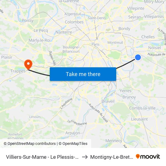 Villiers-Sur-Marne - Le Plessis-Trévise RER to Montigny-Le-Bretonneux map