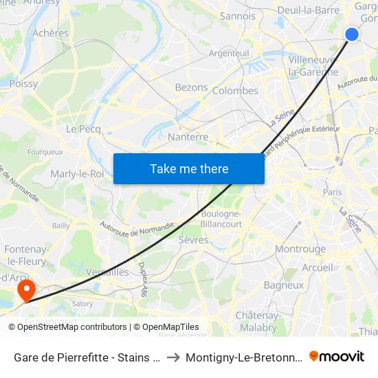 Gare de Pierrefitte - Stains RER to Montigny-Le-Bretonneux map