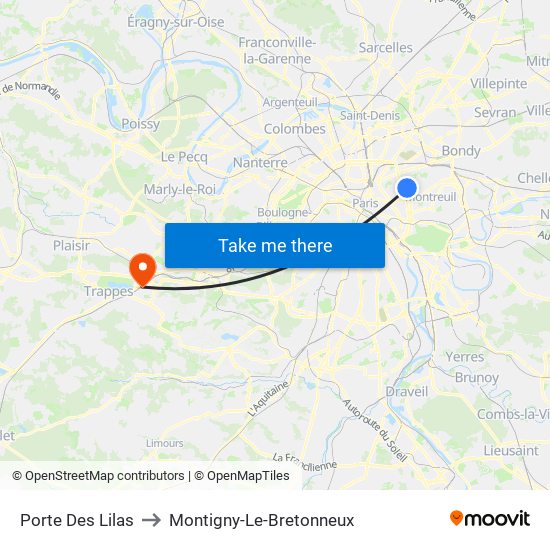 Porte Des Lilas to Montigny-Le-Bretonneux map