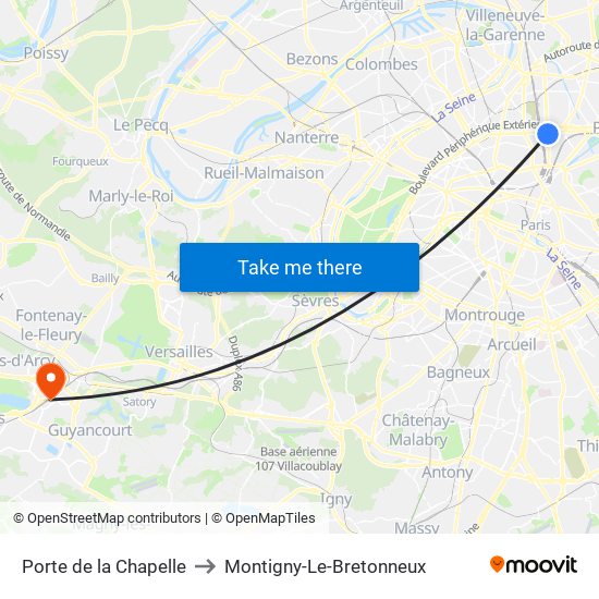 Porte de la Chapelle to Montigny-Le-Bretonneux map