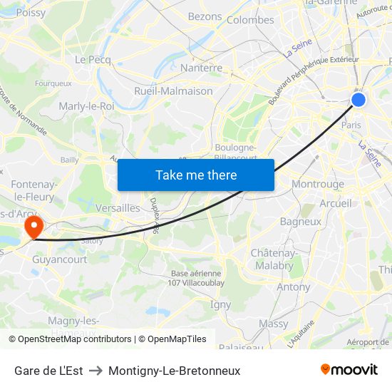 Gare de L'Est to Montigny-Le-Bretonneux map