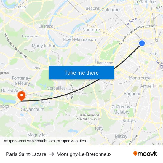 Paris Saint-Lazare to Montigny-Le-Bretonneux map