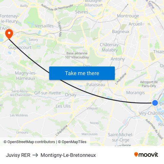 Juvisy RER to Montigny-Le-Bretonneux map