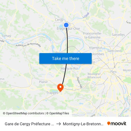 Gare de Cergy Préfecture (C) to Montigny-Le-Bretonneux map