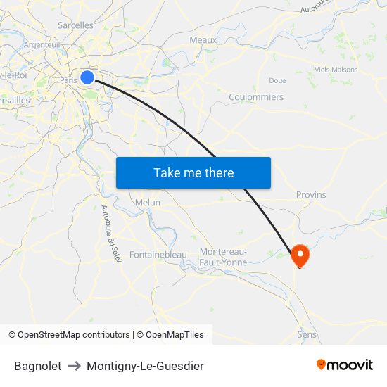 Bagnolet to Montigny-Le-Guesdier map