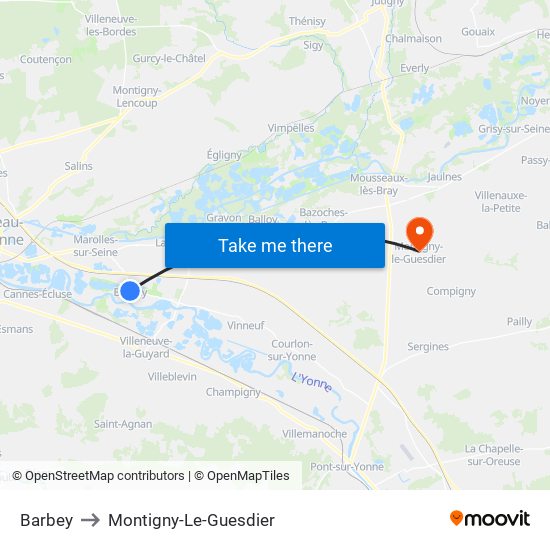 Barbey to Montigny-Le-Guesdier map