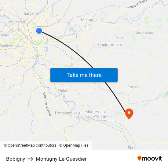 Bobigny to Montigny-Le-Guesdier map