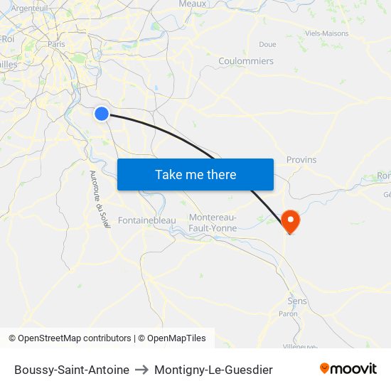 Boussy-Saint-Antoine to Montigny-Le-Guesdier map