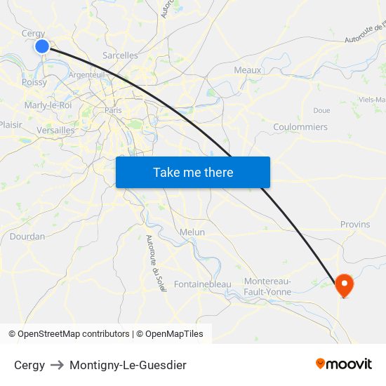 Cergy to Montigny-Le-Guesdier map