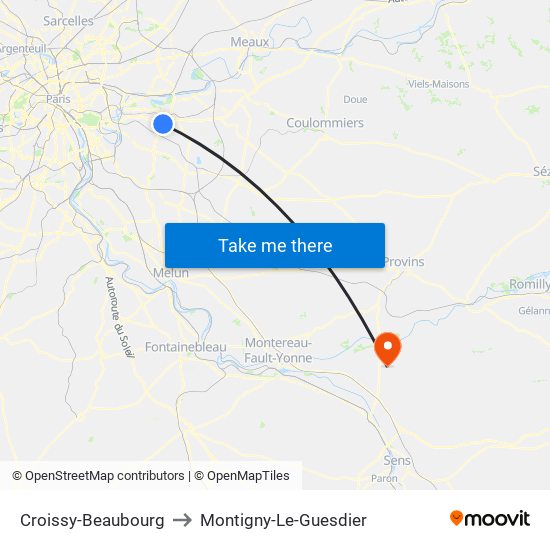 Croissy-Beaubourg to Montigny-Le-Guesdier map