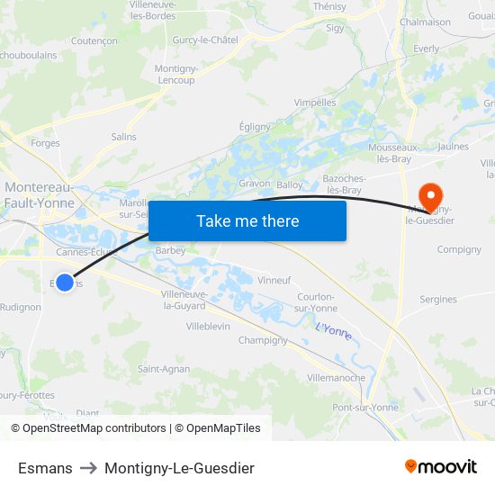 Esmans to Montigny-Le-Guesdier map