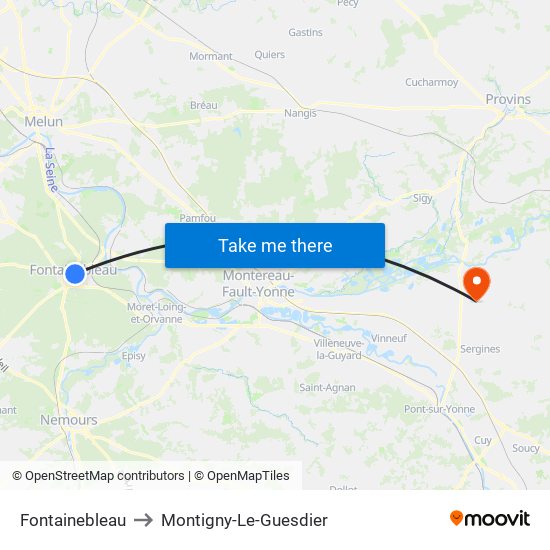 Fontainebleau to Montigny-Le-Guesdier map