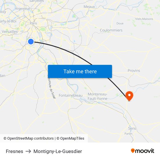 Fresnes to Montigny-Le-Guesdier map