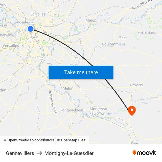 Gennevilliers to Montigny-Le-Guesdier map