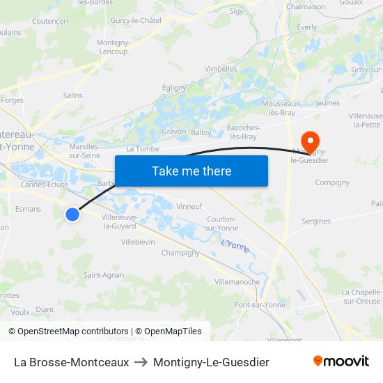 La Brosse-Montceaux to Montigny-Le-Guesdier map