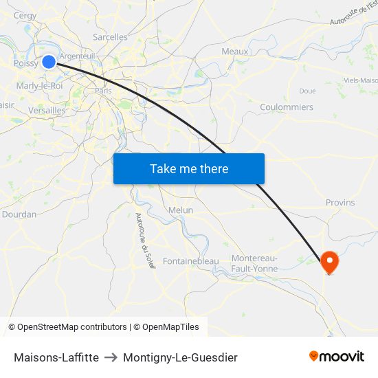 Maisons-Laffitte to Montigny-Le-Guesdier map