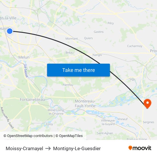 Moissy-Cramayel to Montigny-Le-Guesdier map