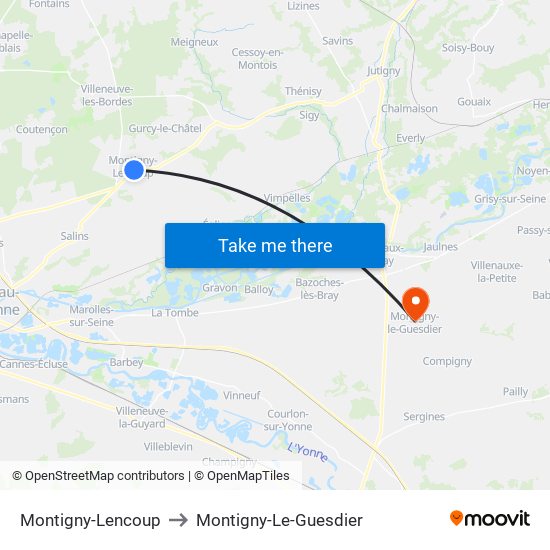 Montigny-Lencoup to Montigny-Le-Guesdier map