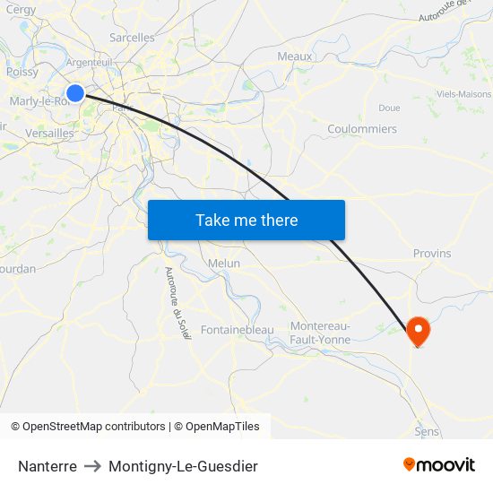 Nanterre to Montigny-Le-Guesdier map