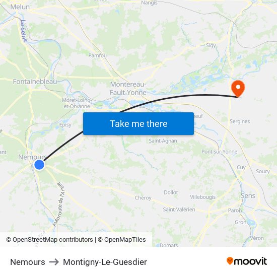 Nemours to Montigny-Le-Guesdier map