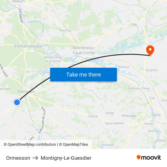 Ormesson to Montigny-Le-Guesdier map