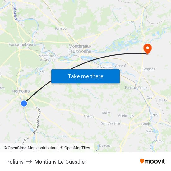 Poligny to Montigny-Le-Guesdier map