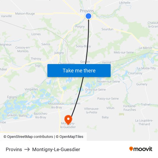 Provins to Montigny-Le-Guesdier map