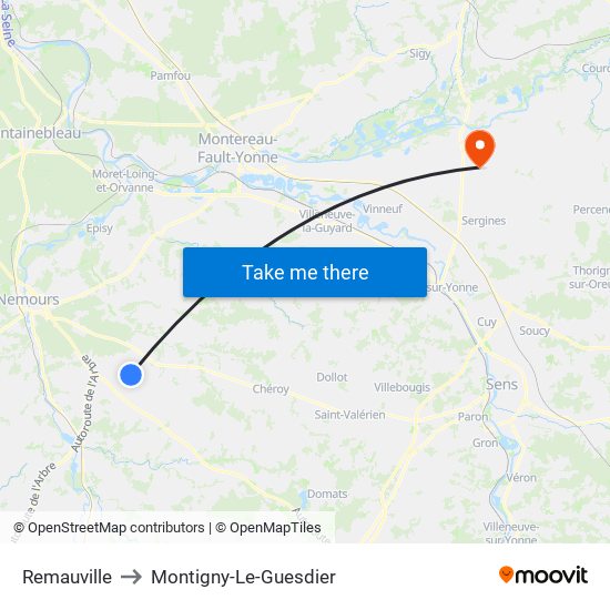 Remauville to Montigny-Le-Guesdier map