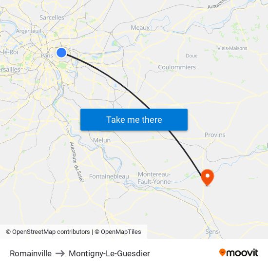 Romainville to Montigny-Le-Guesdier map