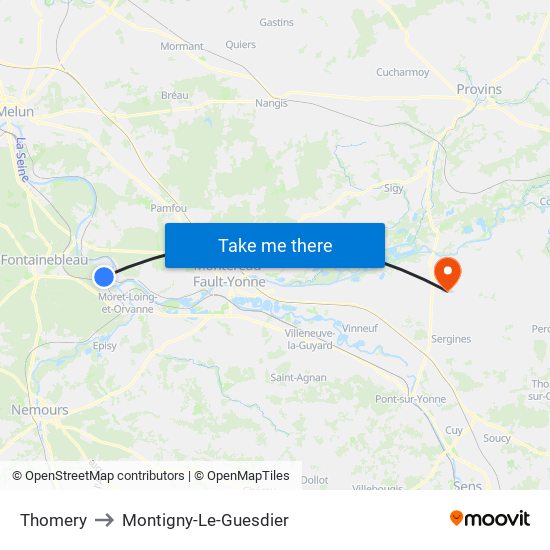Thomery to Montigny-Le-Guesdier map
