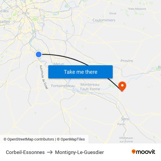 Corbeil-Essonnes to Montigny-Le-Guesdier map