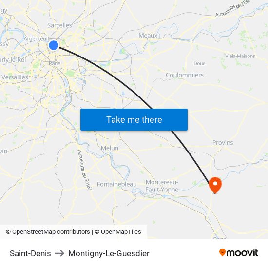 Saint-Denis to Montigny-Le-Guesdier map