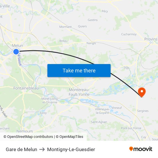 Gare de Melun to Montigny-Le-Guesdier map