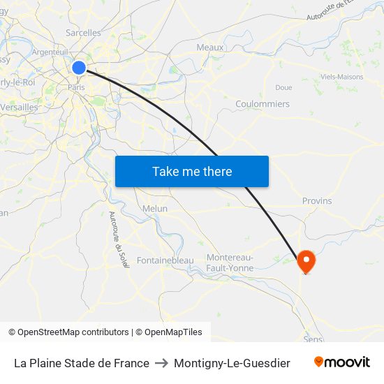 La Plaine Stade de France to Montigny-Le-Guesdier map