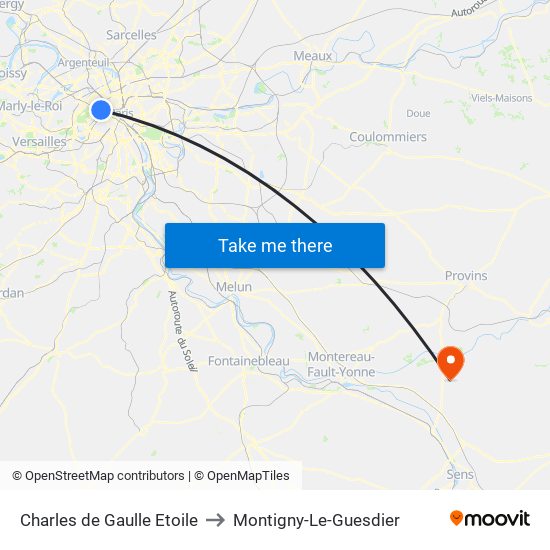 Charles de Gaulle Etoile to Montigny-Le-Guesdier map