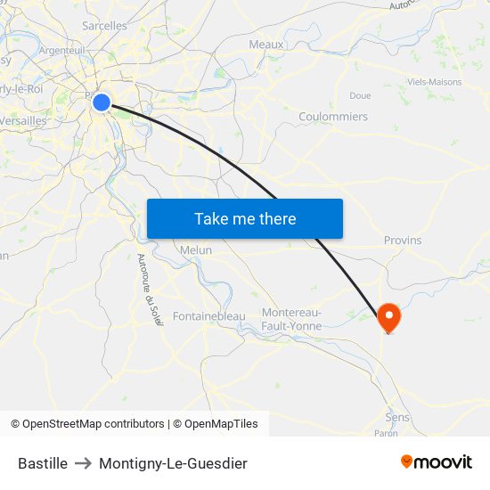 Bastille to Montigny-Le-Guesdier map