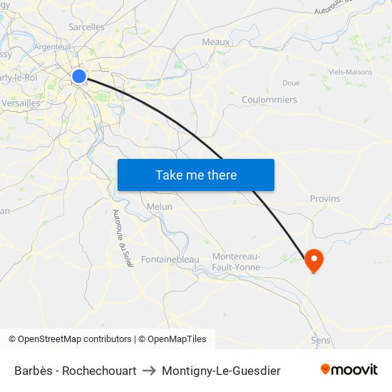 Barbès - Rochechouart to Montigny-Le-Guesdier map