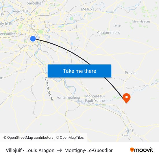 Villejuif - Louis Aragon to Montigny-Le-Guesdier map