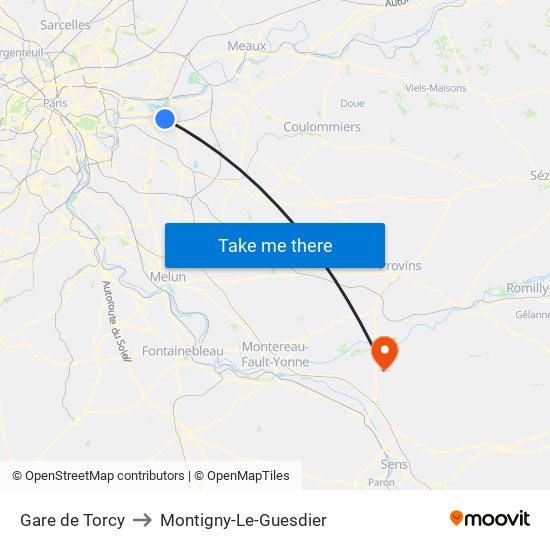 Gare de Torcy to Montigny-Le-Guesdier map