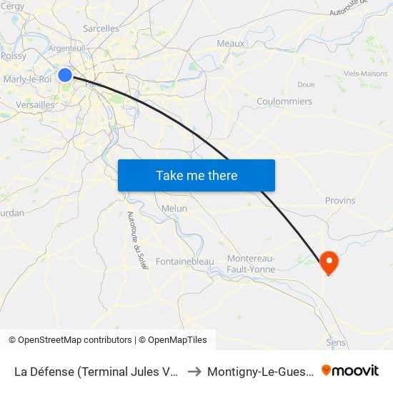 La Défense (Terminal Jules Verne) to Montigny-Le-Guesdier map