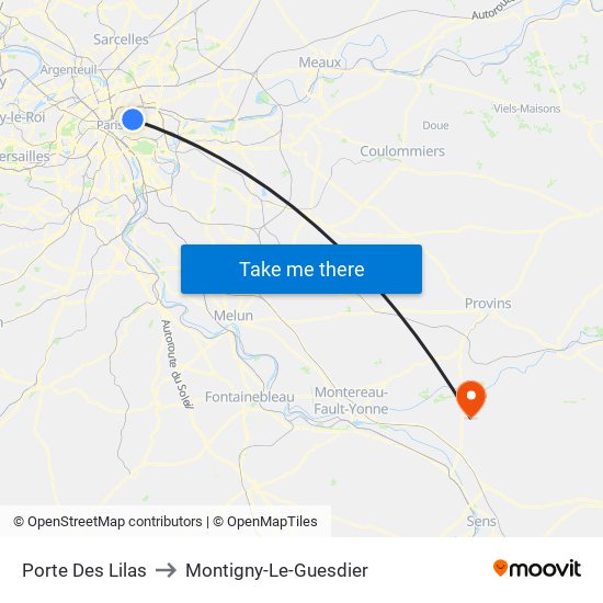 Porte Des Lilas to Montigny-Le-Guesdier map