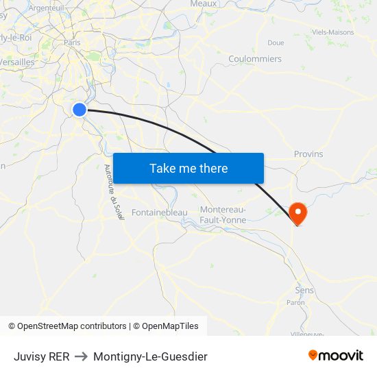 Juvisy RER to Montigny-Le-Guesdier map