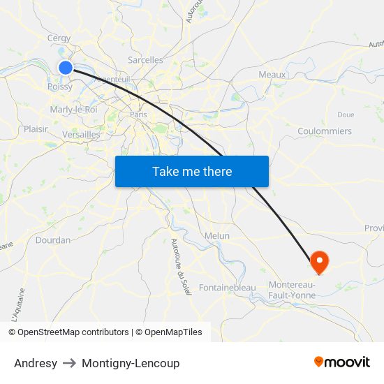 Andresy to Montigny-Lencoup map