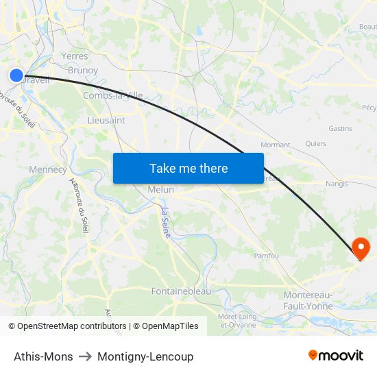 Athis-Mons to Montigny-Lencoup map