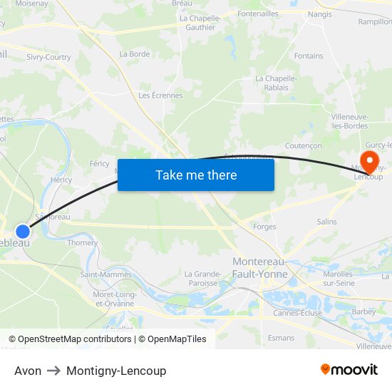 Avon to Montigny-Lencoup map