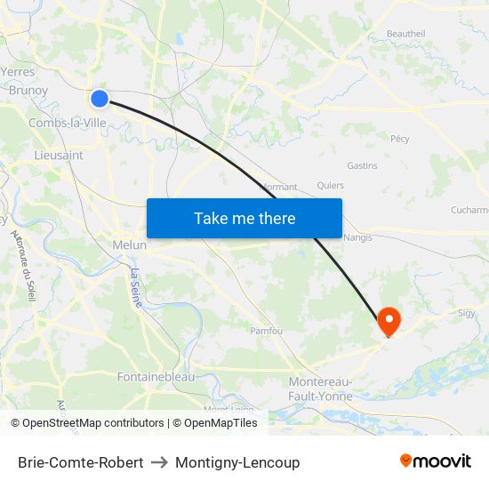 Brie-Comte-Robert to Montigny-Lencoup map