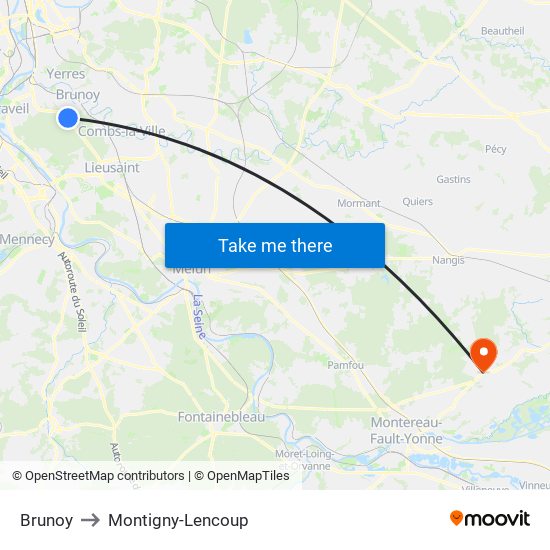 Brunoy to Montigny-Lencoup map