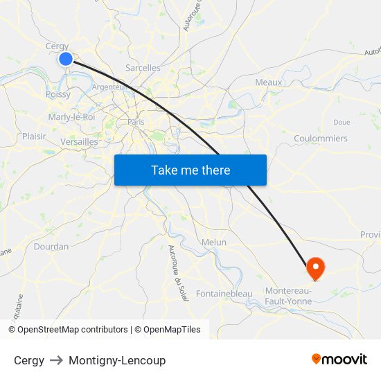 Cergy to Montigny-Lencoup map